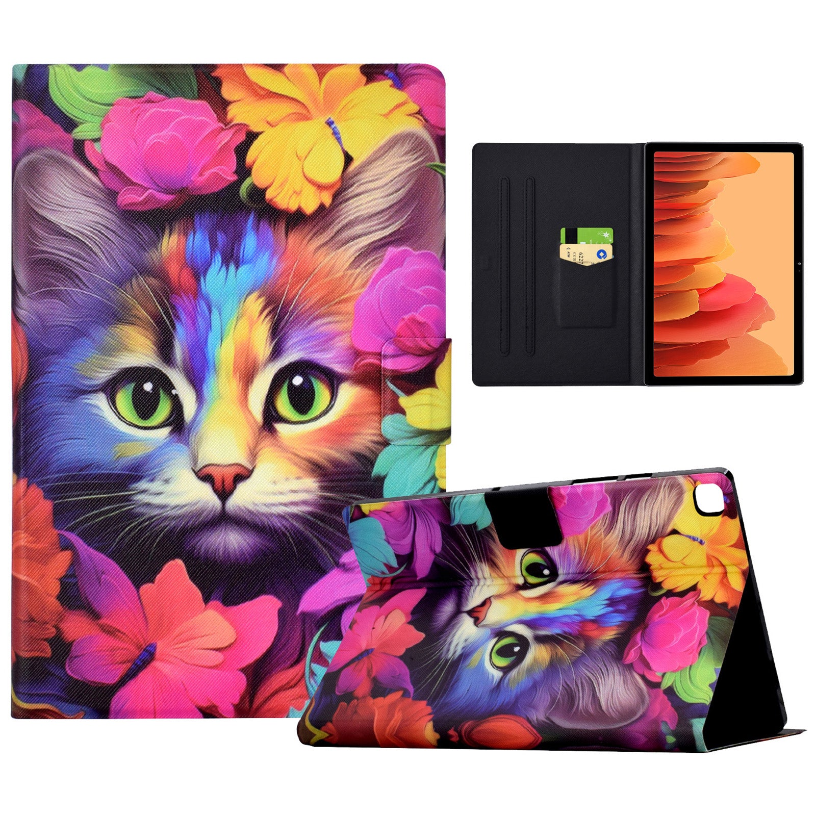 For Samsung Galaxy Tab A7 10.4 (2020) T500 / T505 Case Pattern Auto Wake / Sleep Tablet Cover with Card Holder - Rose Cat