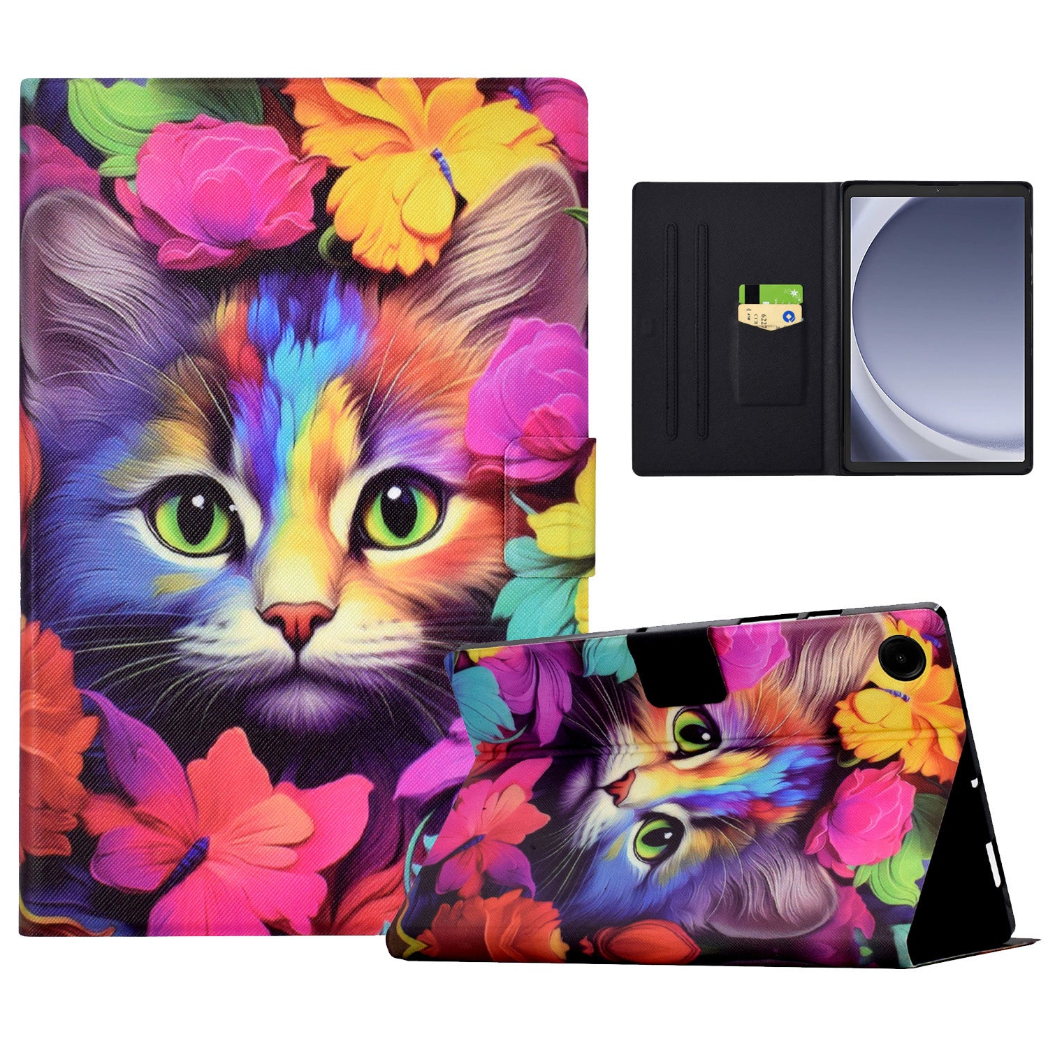 For Samsung Galaxy Tab A9 Case PU Leather Pattern Folding Stand Protective Tablet Cover - Rose Cat