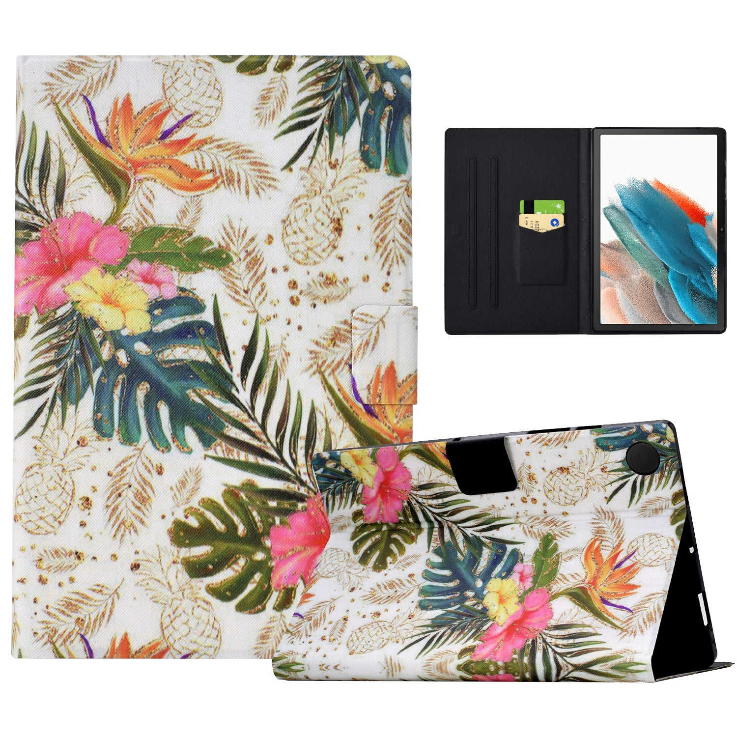 For Samsung Galaxy Tab A8 10.5 (2021) X205 X200 / (2022) Case Card Slot Tablet Leather Cover - Golden Pineapple