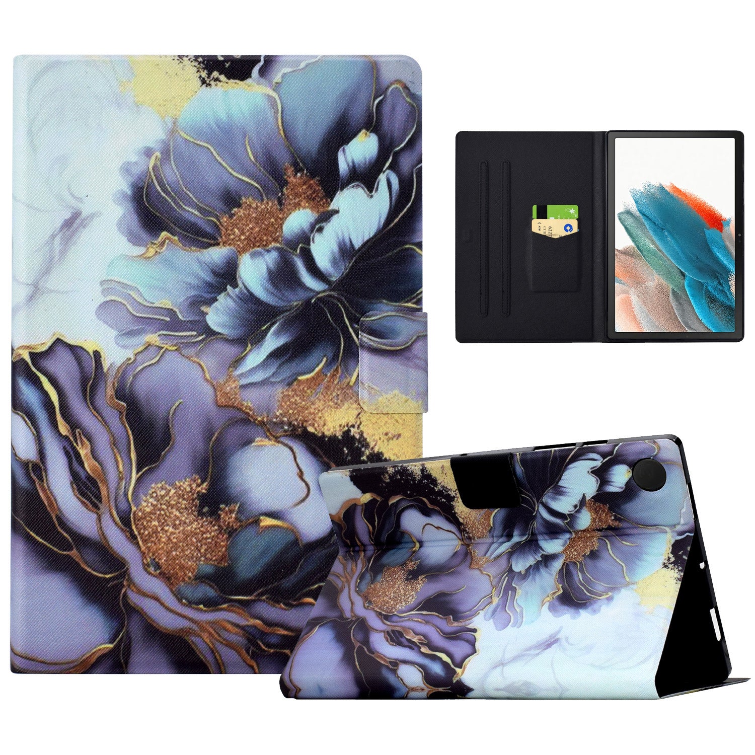 For Samsung Galaxy Tab A8 10.5 (2021) X205 X200 / (2022) Case Card Slot Tablet Leather Cover - Peony Flower