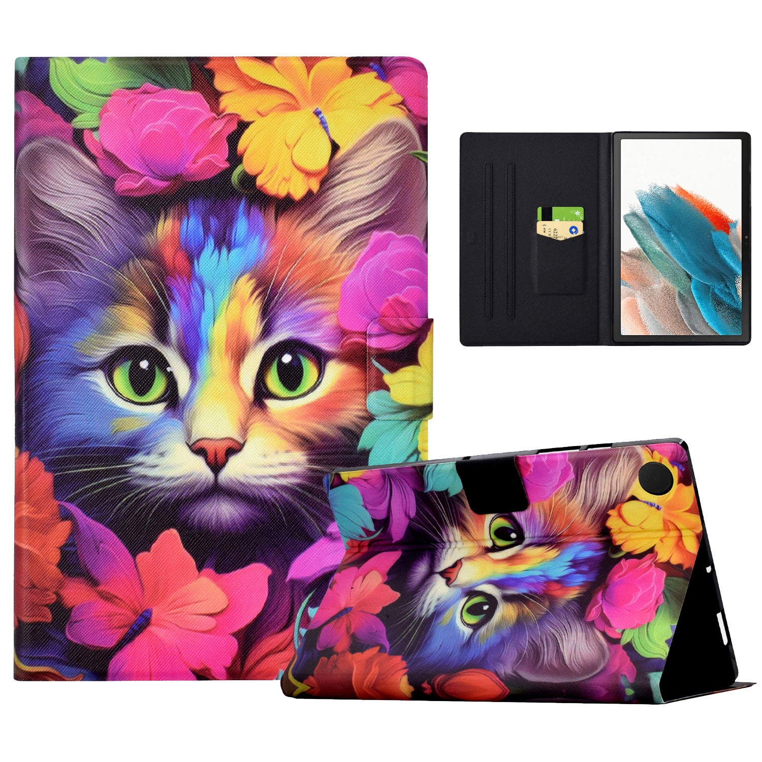 For Samsung Galaxy Tab A8 10.5 (2021) X205 X200 / (2022) Case Card Slot Tablet Leather Cover - Rose Cat