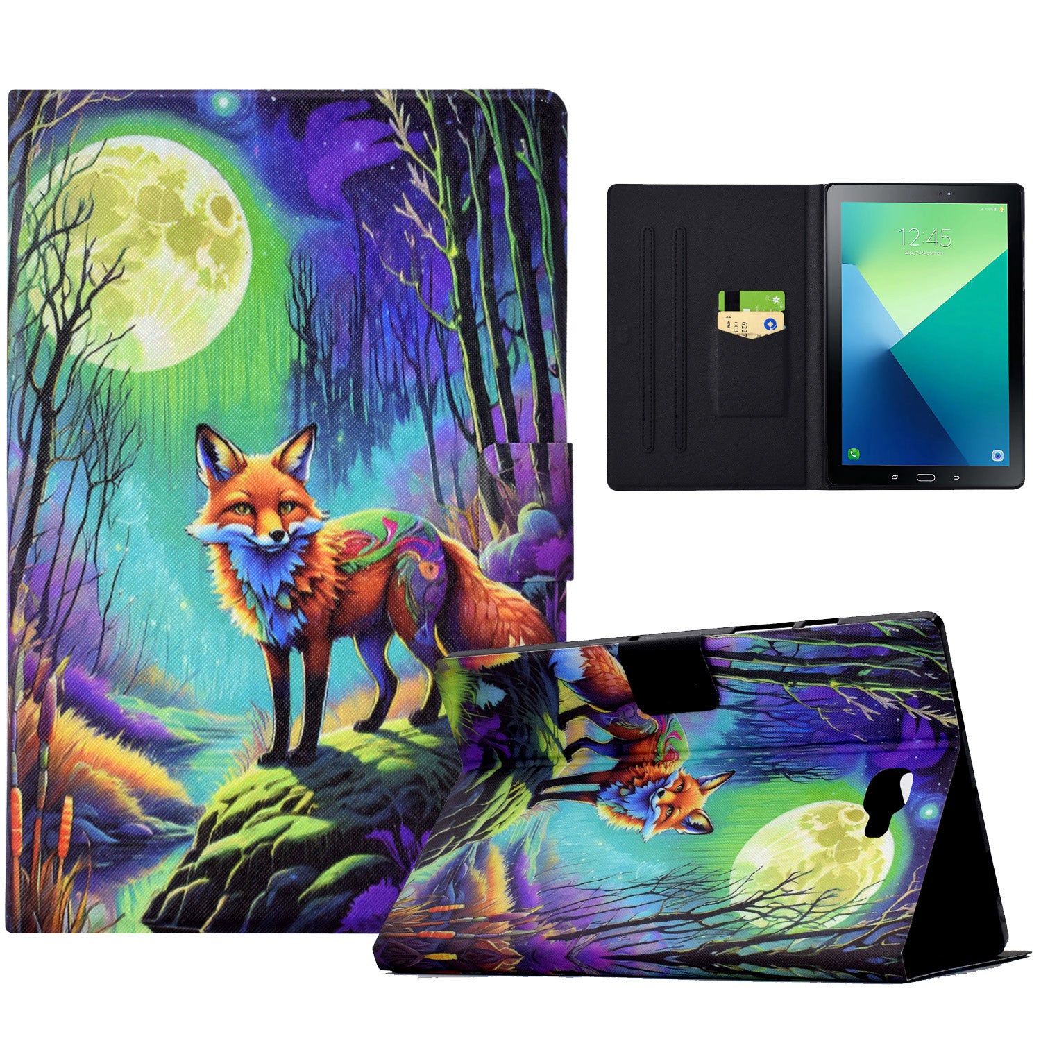 For Samsung Galaxy Tab A 10.1 (2016) T580 T585 Leather Case Card Holder Pattern Tablet Cover - Moonlight Fox