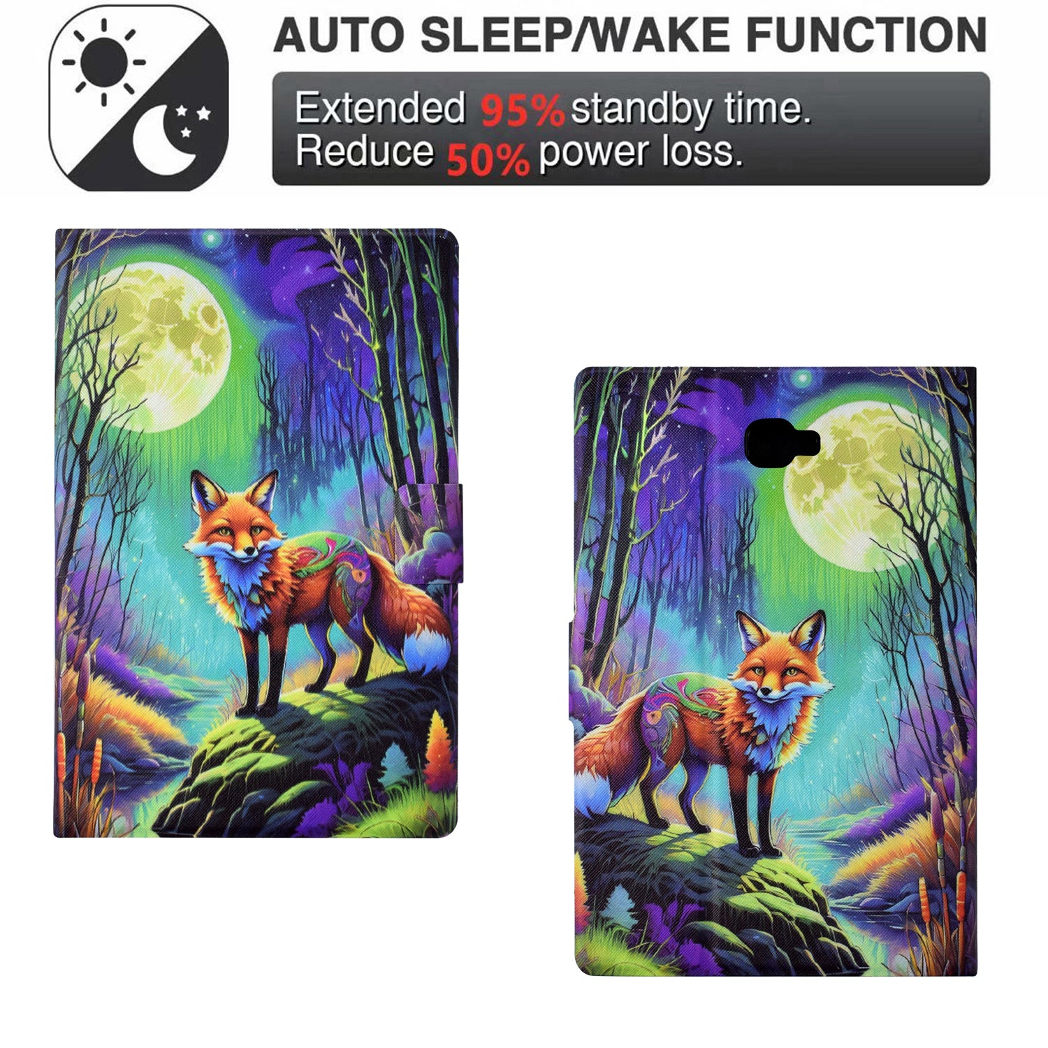 For Samsung Galaxy Tab A 10.1 (2016) T580 T585 Leather Case Card Holder Pattern Tablet Cover - Moonlight Fox