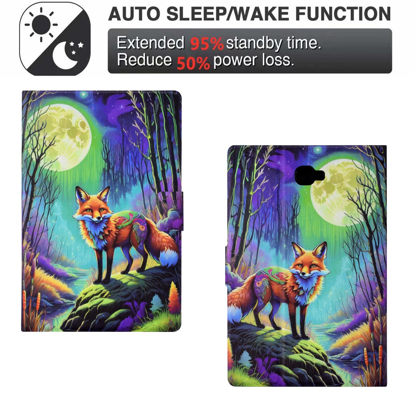 For Samsung Galaxy Tab A 10.1 (2016) T580 T585 Leather Case Card Holder Pattern Tablet Cover - Moonlight Fox