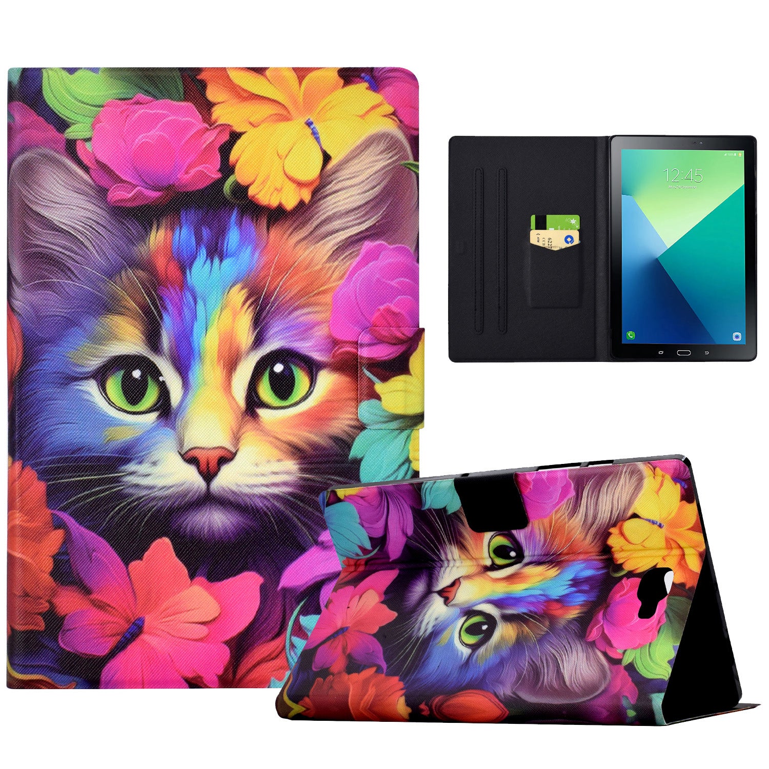 For Samsung Galaxy Tab A 10.1 (2016) T580 T585 Leather Case Card Holder Pattern Tablet Cover - Rose Cat