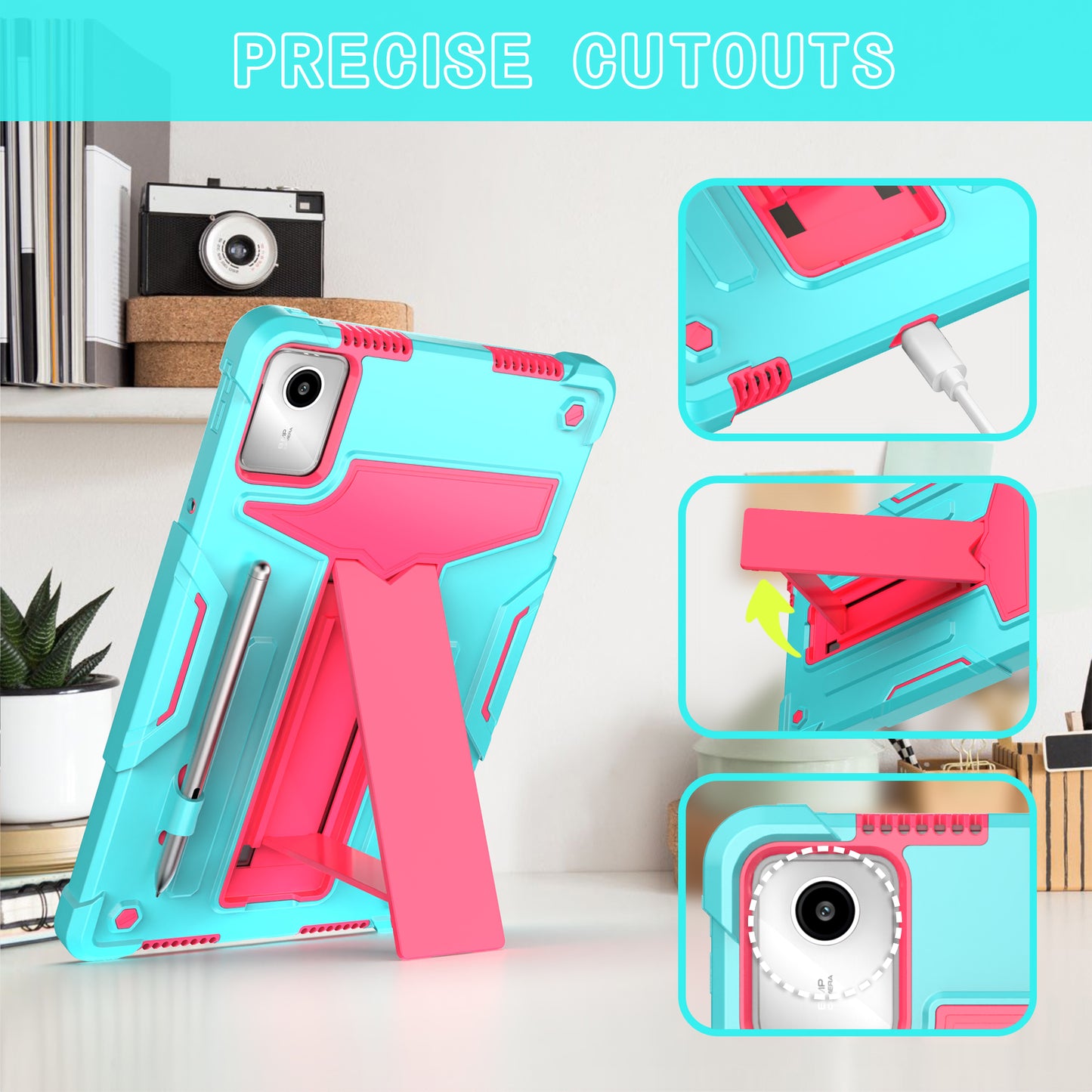 For Lenovo Tab M11 / Xiaoxin Pad 11 2024 Case Case T-Shaped Kickstand PC+Silicone Tablet Cover - Mint Green+Rose