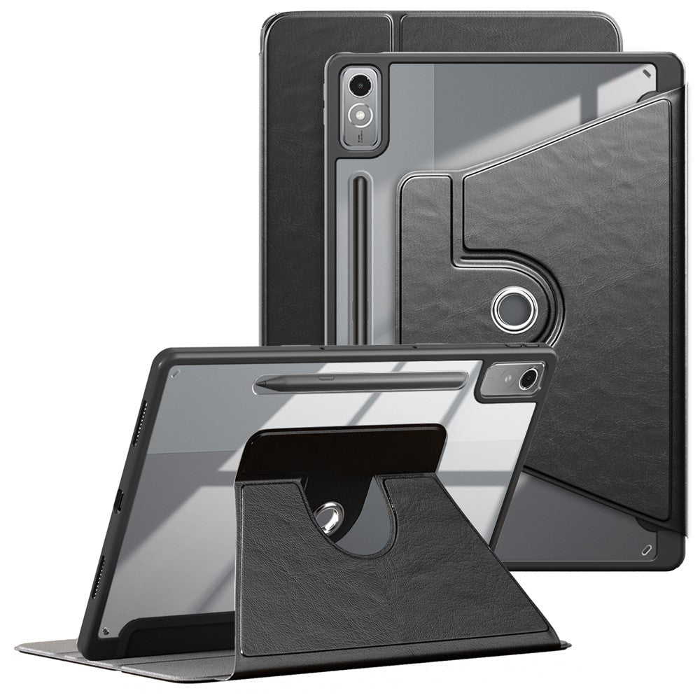 For Lenovo Tab P12 TB371FC Case Leather+Acrylic+TPU Stand Tablet Cover with Auto Wake / Sleep - Black