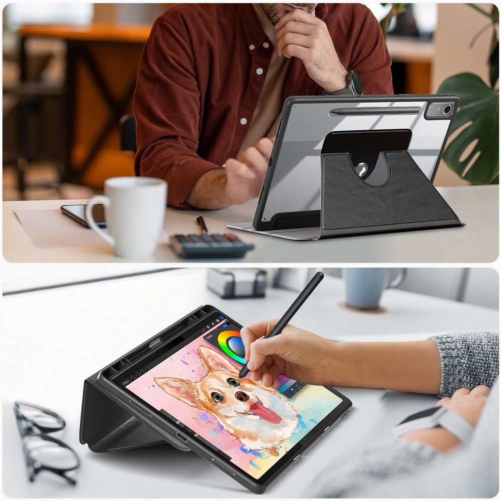 For Lenovo Tab P12 TB371FC Case Leather+Acrylic+TPU Stand Tablet Cover with Auto Wake / Sleep - Black