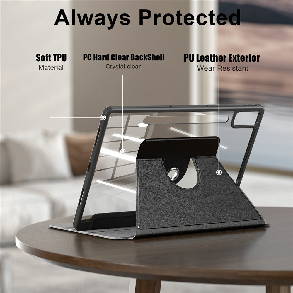 For Lenovo Tab P12 TB371FC Case Leather+Acrylic+TPU Stand Tablet Cover with Auto Wake / Sleep - Black