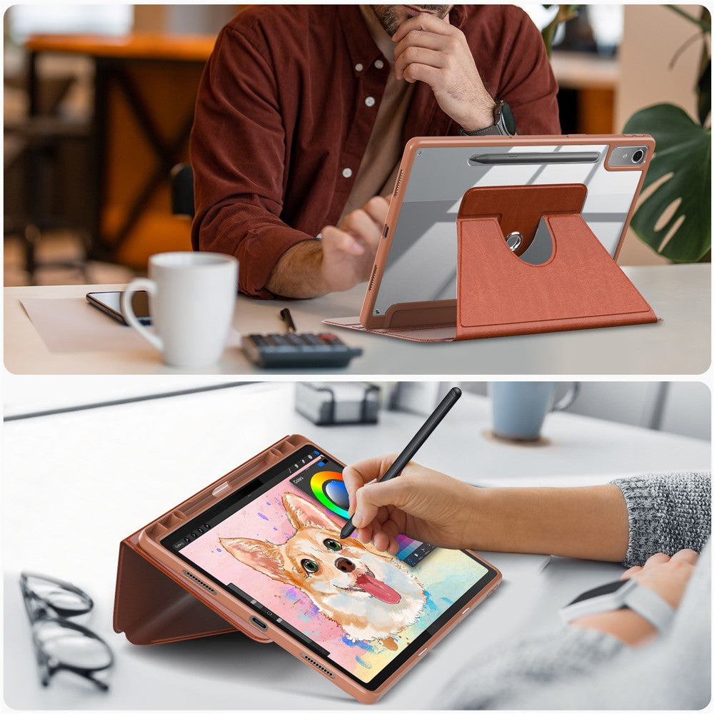 For Lenovo Tab P12 TB371FC Case Leather+Acrylic+TPU Stand Tablet Cover with Auto Wake / Sleep - Brown