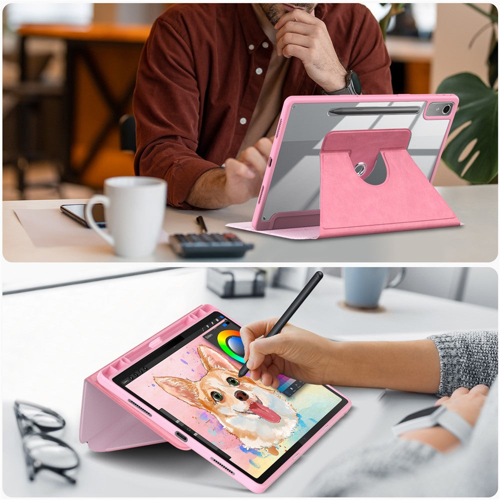 For Lenovo Tab P12 TB371FC Case Leather+Acrylic+TPU Stand Tablet Cover with Auto Wake / Sleep - Pink