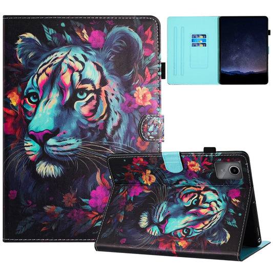 For Lenovo Tab M11 / Xiaoxin Pad 11 2024 PU Leather Case Pattern Tablet Stand Cover with Card Slots - Tiger