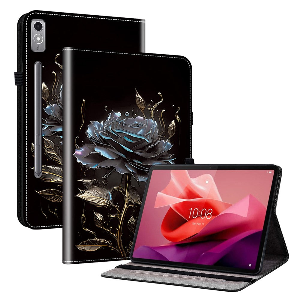 For Lenovo Tab P12 Case Pattern Printing Card Slots Tablet Shell with Foldable Stand - Black Rose