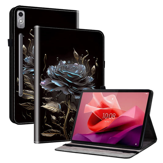 For Lenovo Tab P12 Case Pattern Printing Card Slots Tablet Shell with Foldable Stand - Black Rose