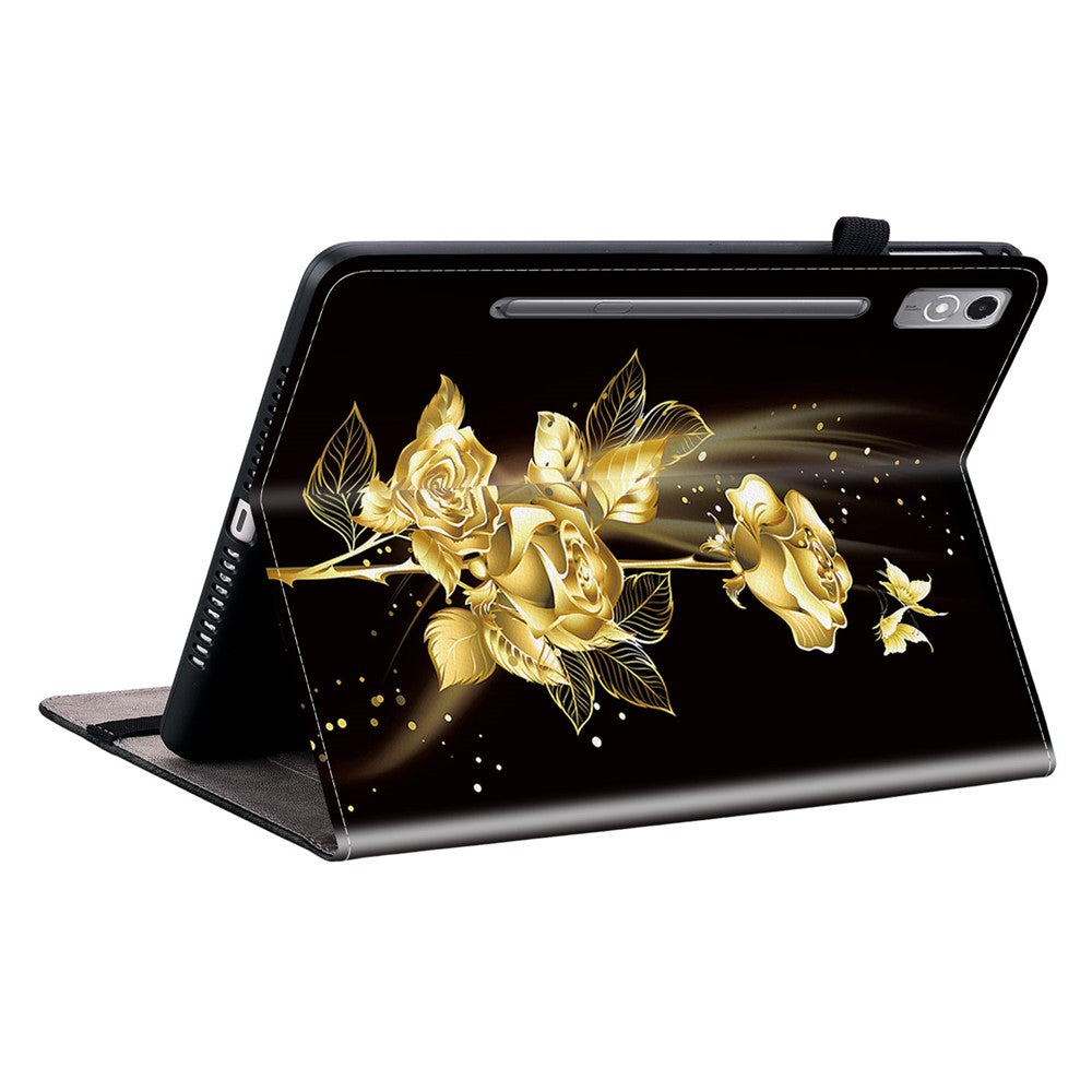 For Lenovo Tab P12 Case Pattern Printing Card Slots Tablet Shell with Foldable Stand - Gold Butterfly Rose