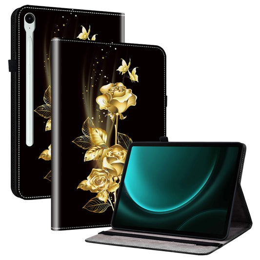 For Samsung Galaxy Tab S9 FE Cover Flip Card Holder Tablet Protective Case Pattern Printing Design - Gold Butterfly Rose