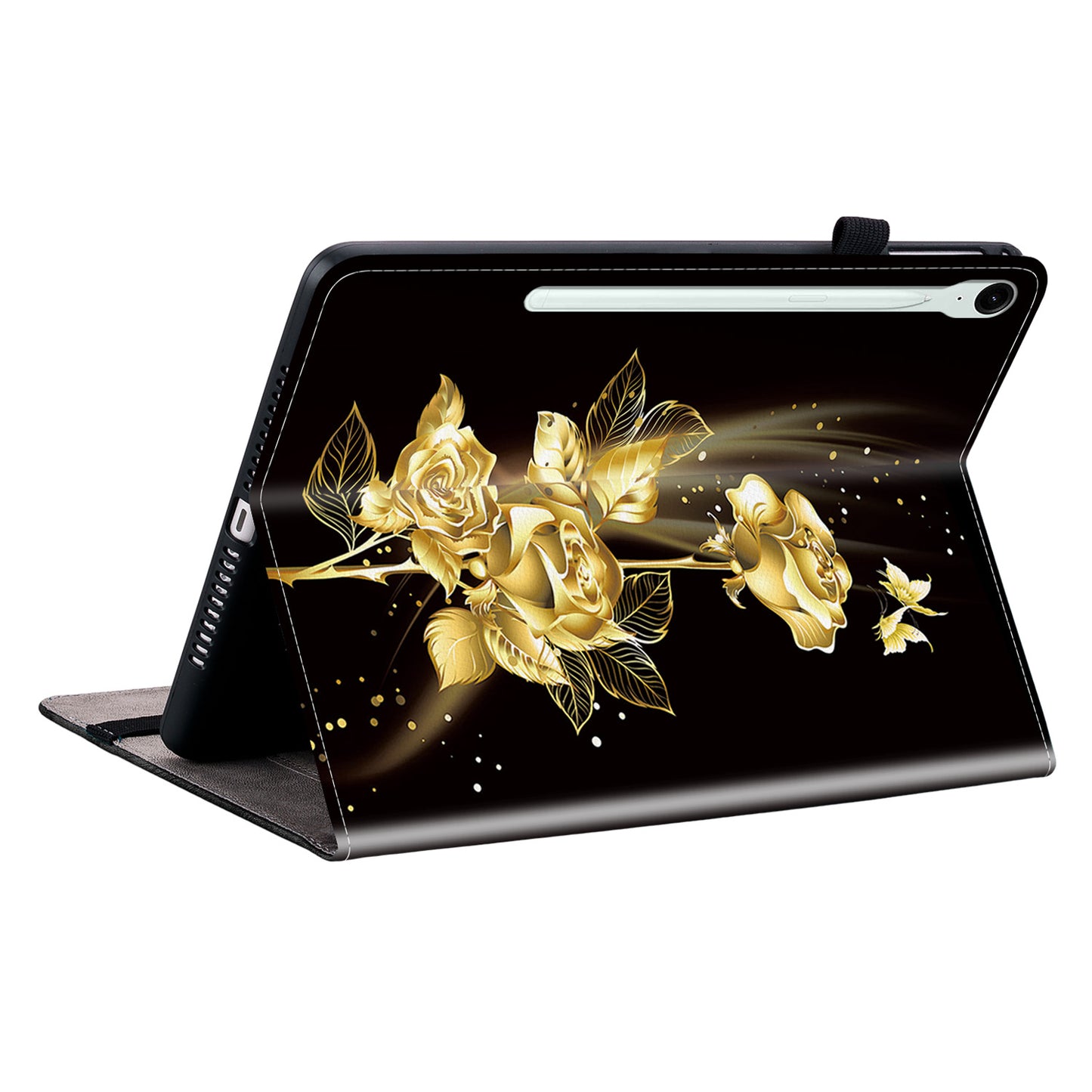 For Samsung Galaxy Tab S9 FE Cover Flip Card Holder Tablet Protective Case Pattern Printing Design - Gold Butterfly Rose