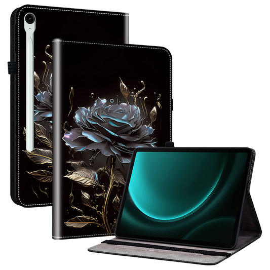 For Samsung Galaxy Tab S9 FE Cover Flip Card Holder Tablet Protective Case Pattern Printing Design - Black Rose