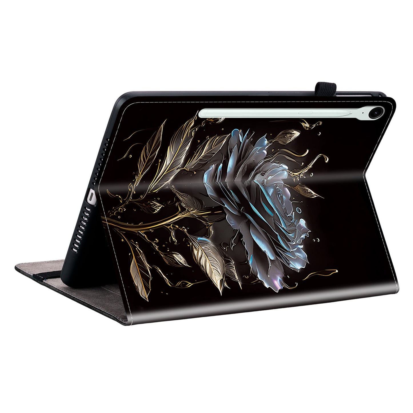 For Samsung Galaxy Tab S9 FE Cover Flip Card Holder Tablet Protective Case Pattern Printing Design - Black Rose