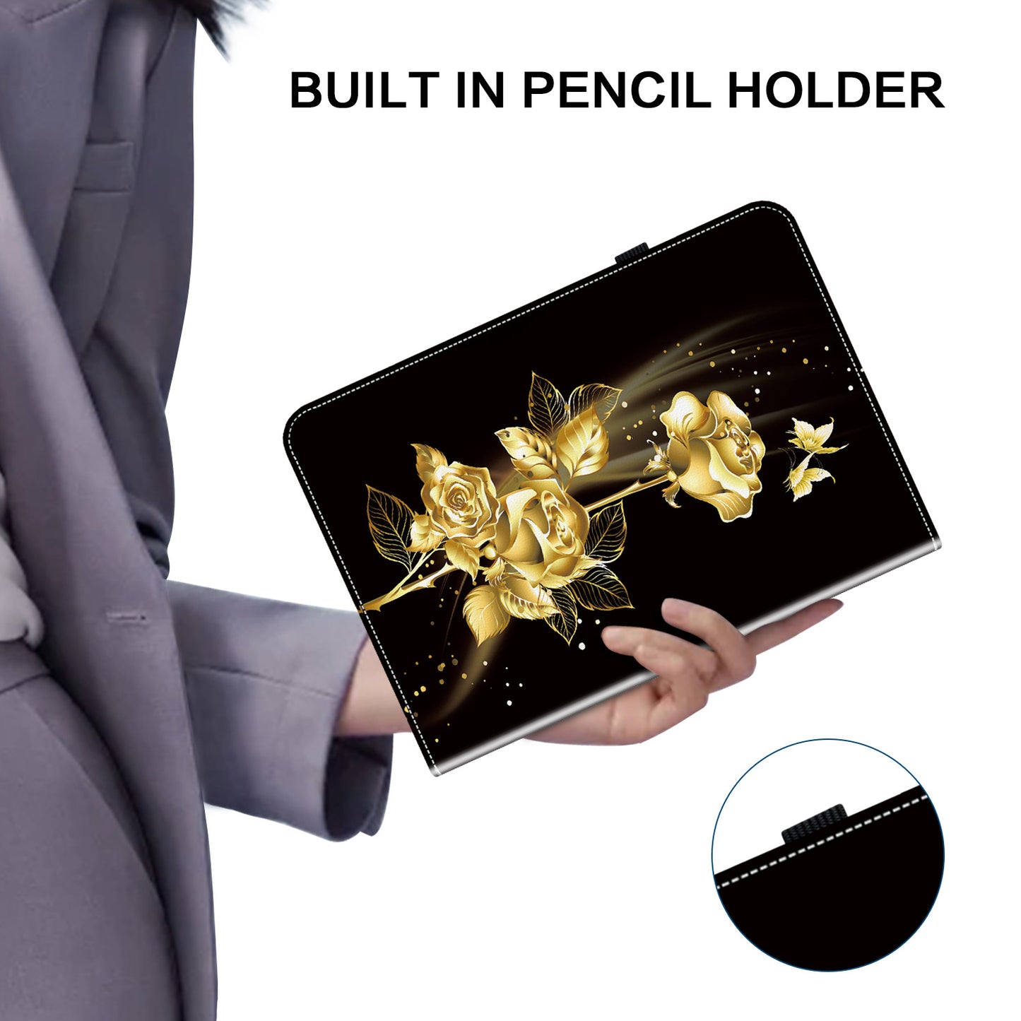 For Samsung Galaxy Tab S10+ / S9+ / Tab S9 FE+ Case Flip Pattern Printing Card Holder Tablet Shell - Gold Butterfly Rose