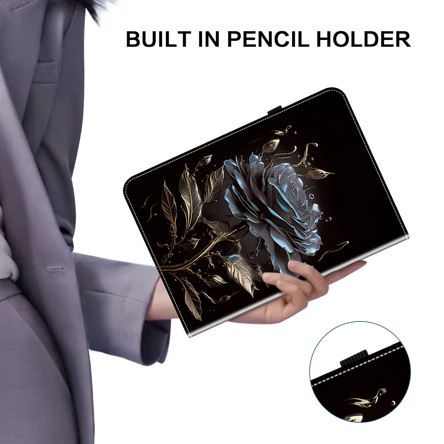 For Samsung Galaxy Tab S10+ / S9+ / Tab S9 FE+ Case Flip Pattern Printing Card Holder Tablet Shell - Black Rose