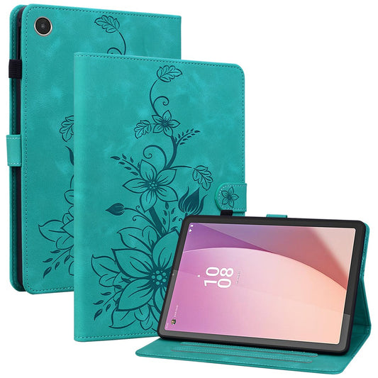 For Lenovo Tab M8 (4th Gen) 2024 TB-301XU / M8 (4th Gen) 2023 TB-300FU Case Card Slots Lily Flower Imprinted Leather Tablet Cover - Green