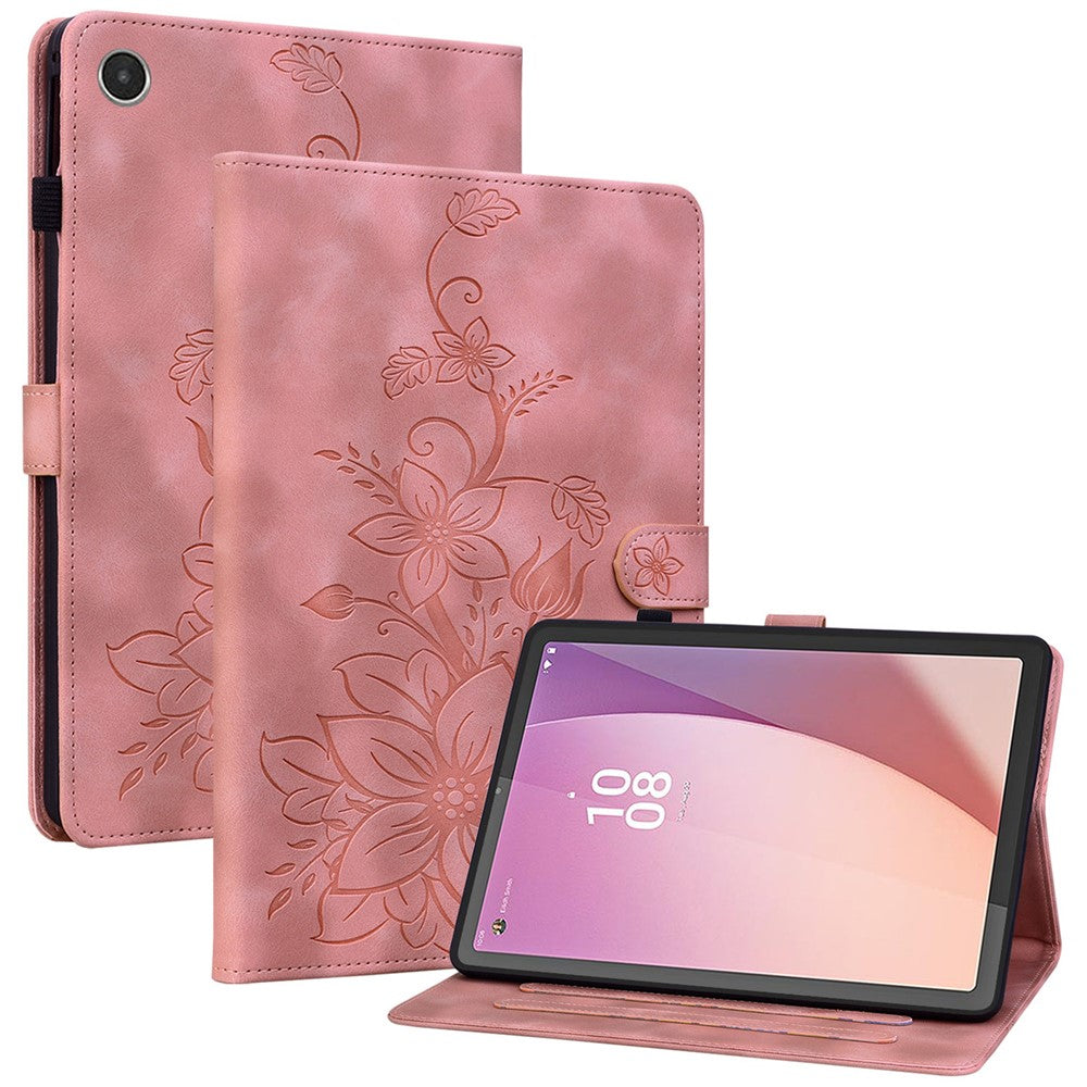 For Lenovo Tab M8 (4th Gen) 2024 TB-301XU / M8 (4th Gen) 2023 TB-300FU Case Card Slots Lily Flower Imprinted Leather Tablet Cover - Pink
