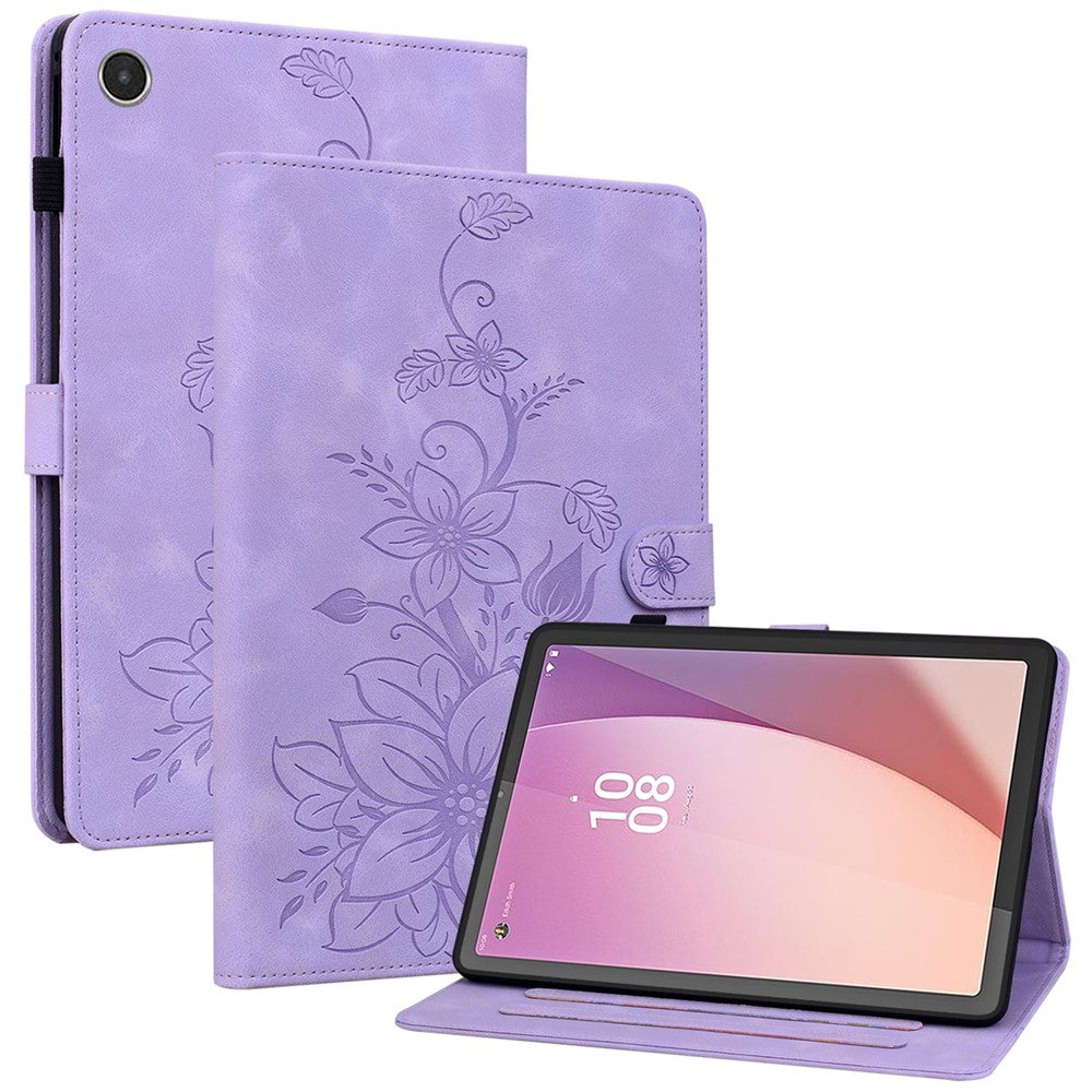 For Lenovo Tab M8 (4th Gen) 2024 TB-301XU / M8 (4th Gen) 2023 TB-300FU Case Card Slots Lily Flower Imprinted Leather Tablet Cover - Purple