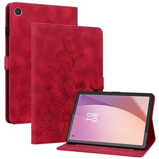 For Lenovo Tab M8 (4th Gen) 2024 TB-301XU / M8 (4th Gen) 2023 TB-300FU Case Card Slots Lily Flower Imprinted Leather Tablet Cover - Red