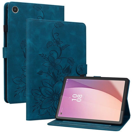 For Lenovo Tab M8 (4th Gen) 2024 TB-301XU / M8 (4th Gen) 2023 TB-300FU Case Card Slots Lily Flower Imprinted Leather Tablet Cover - Blue