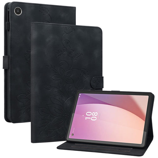 For Lenovo Tab M8 (4th Gen) 2024 TB-301XU / M8 (4th Gen) 2023 TB-300FU Case Card Slots Lily Flower Imprinted Leather Tablet Cover - Black