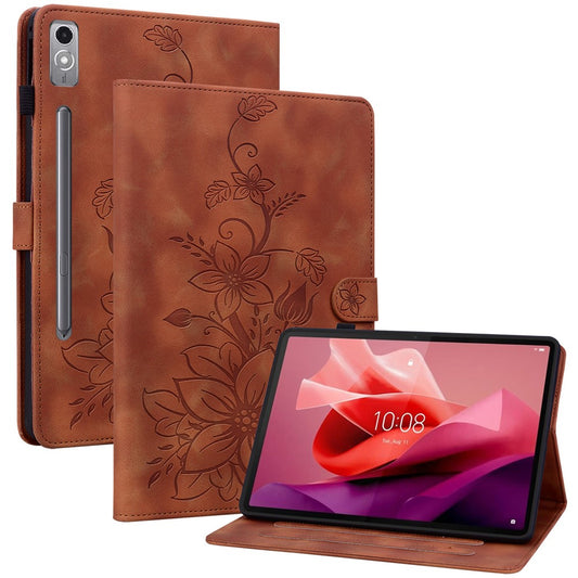 For Lenovo Tab P12 Case Lily Flower Leather Tablet Cover with Card Slots Stand - Brown