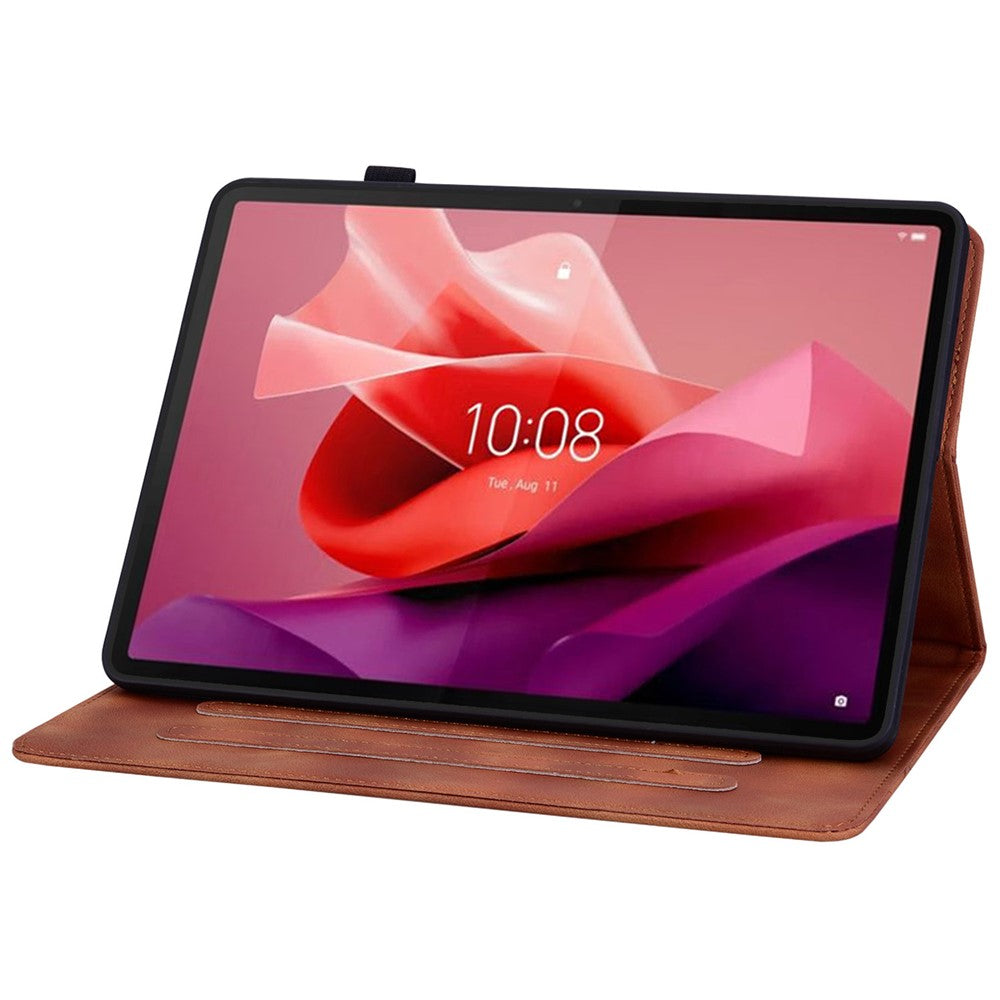 For Lenovo Tab P12 Case Lily Flower Leather Tablet Cover with Card Slots Stand - Brown