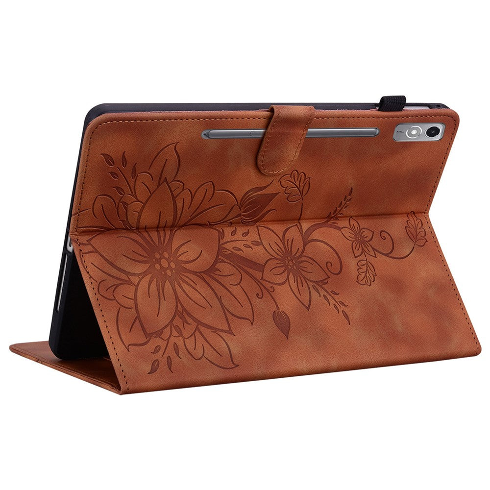 For Lenovo Tab P12 Case Lily Flower Leather Tablet Cover with Card Slots Stand - Brown