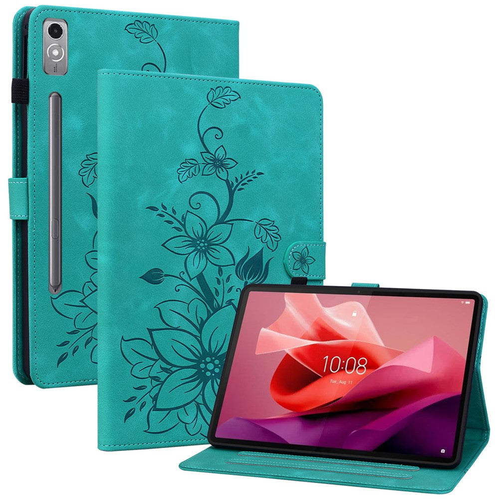 For Lenovo Tab P12 Case Lily Flower Leather Tablet Cover with Card Slots Stand - Green