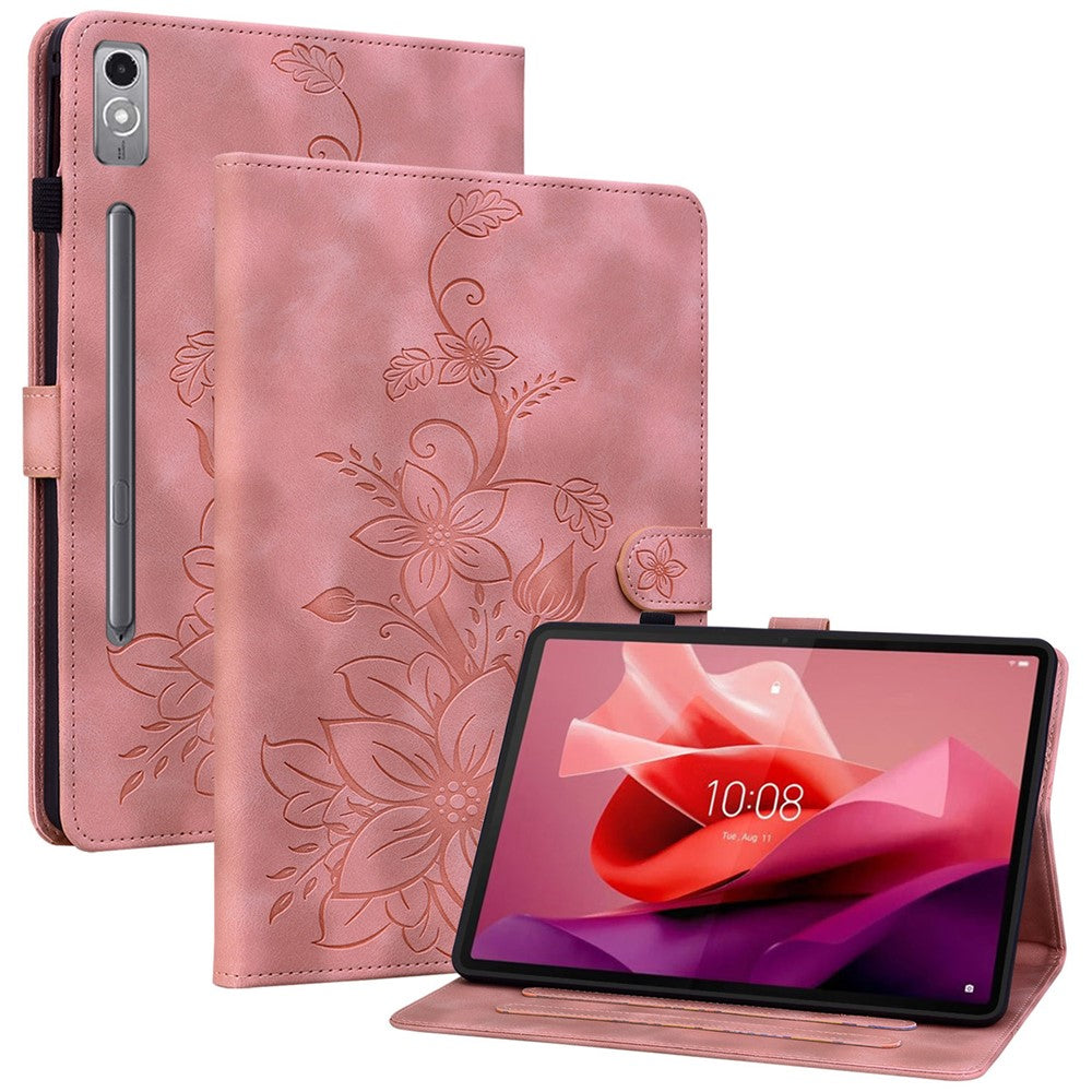 For Lenovo Tab P12 Case Lily Flower Leather Tablet Cover with Card Slots Stand - Pink