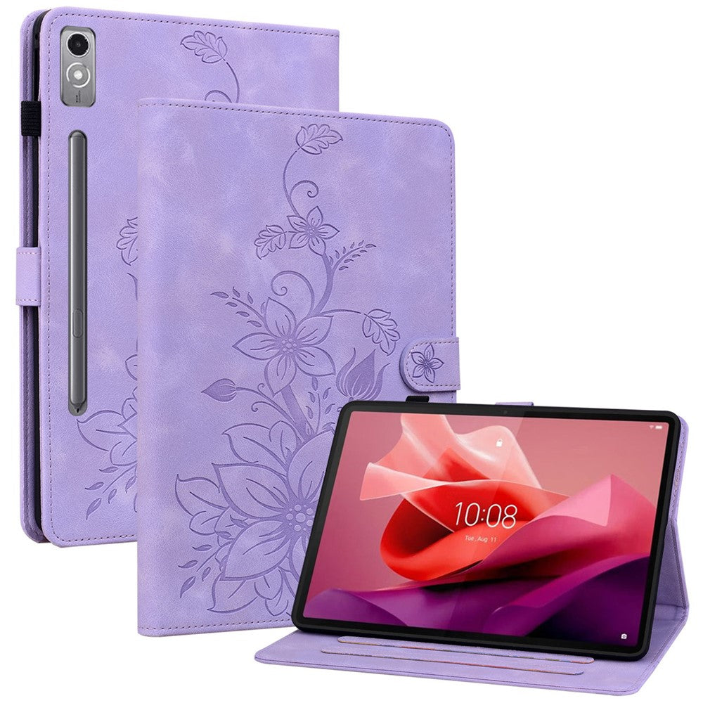 For Lenovo Tab P12 Case Lily Flower Leather Tablet Cover with Card Slots Stand - Purple