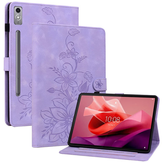 For Lenovo Tab P12 Case Lily Flower Leather Tablet Cover with Card Slots Stand - Purple