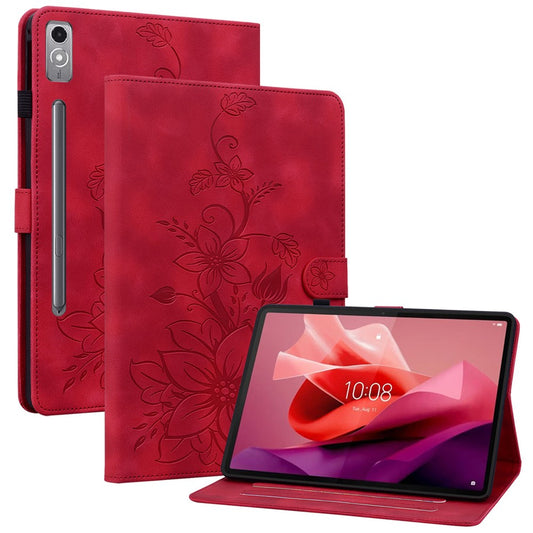For Lenovo Tab P12 Case Lily Flower Leather Tablet Cover with Card Slots Stand - Red