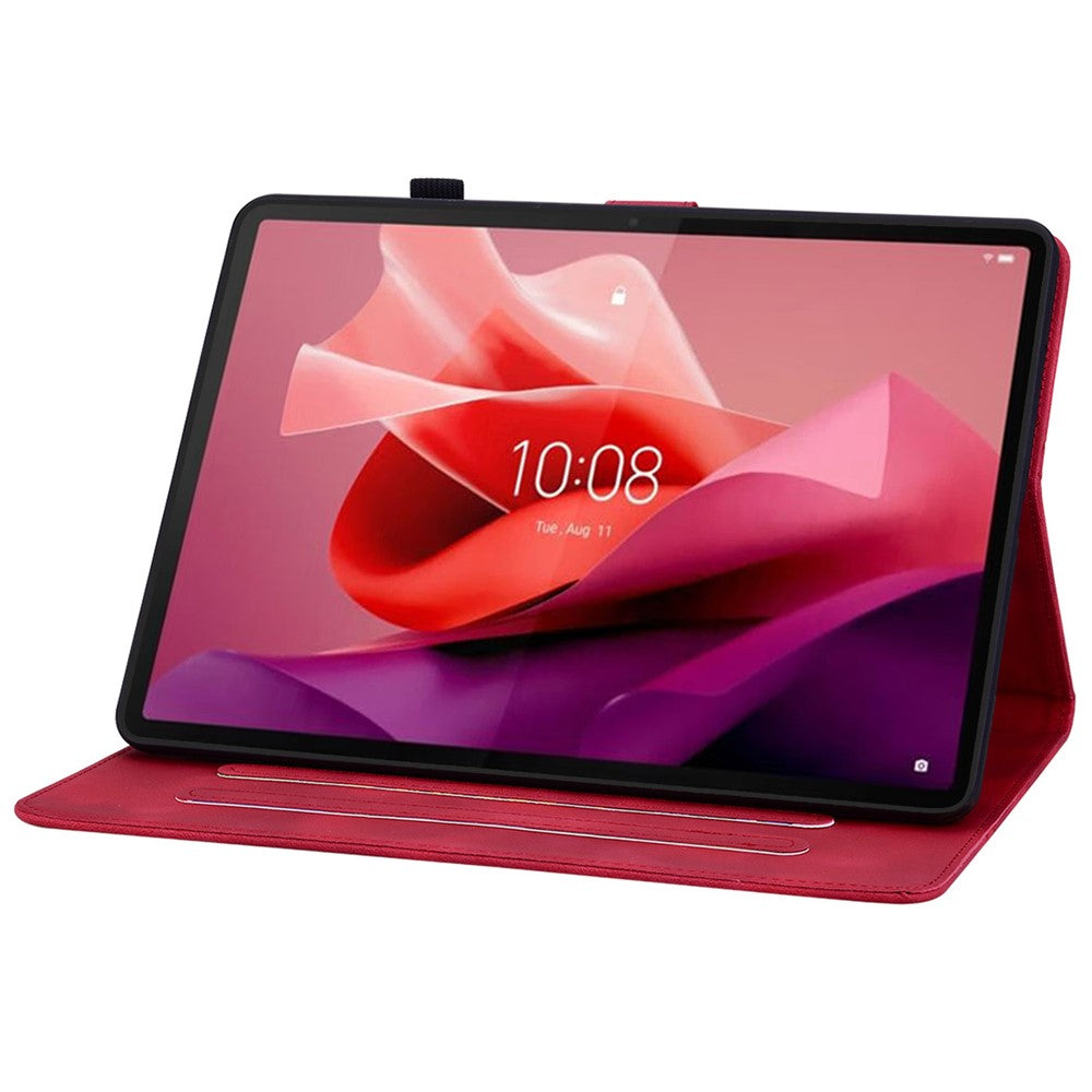 For Lenovo Tab P12 Case Lily Flower Leather Tablet Cover with Card Slots Stand - Red