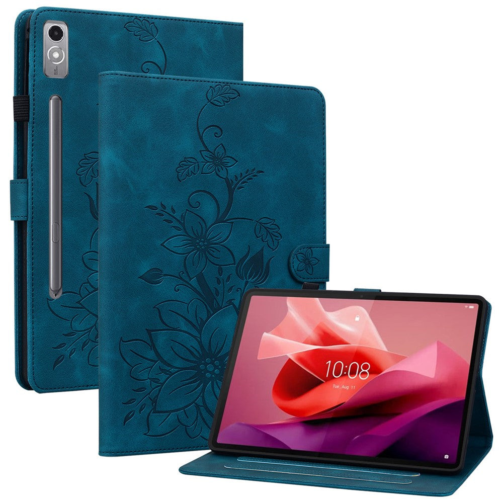 For Lenovo Tab P12 Case Lily Flower Leather Tablet Cover with Card Slots Stand - Blue