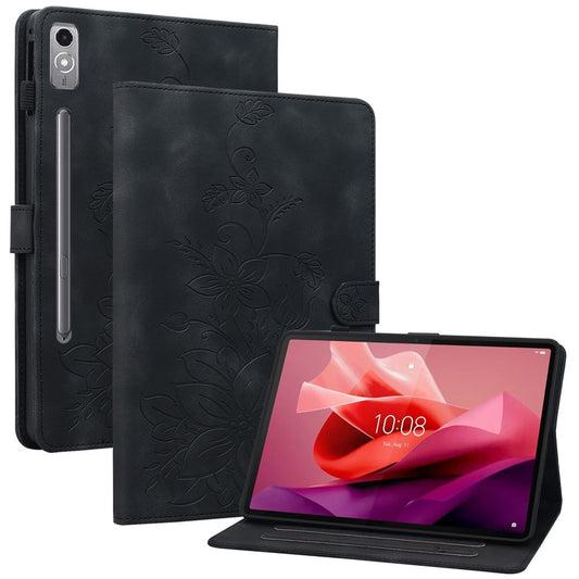 For Lenovo Tab P12 Case Lily Flower Leather Tablet Cover with Card Slots Stand - Black