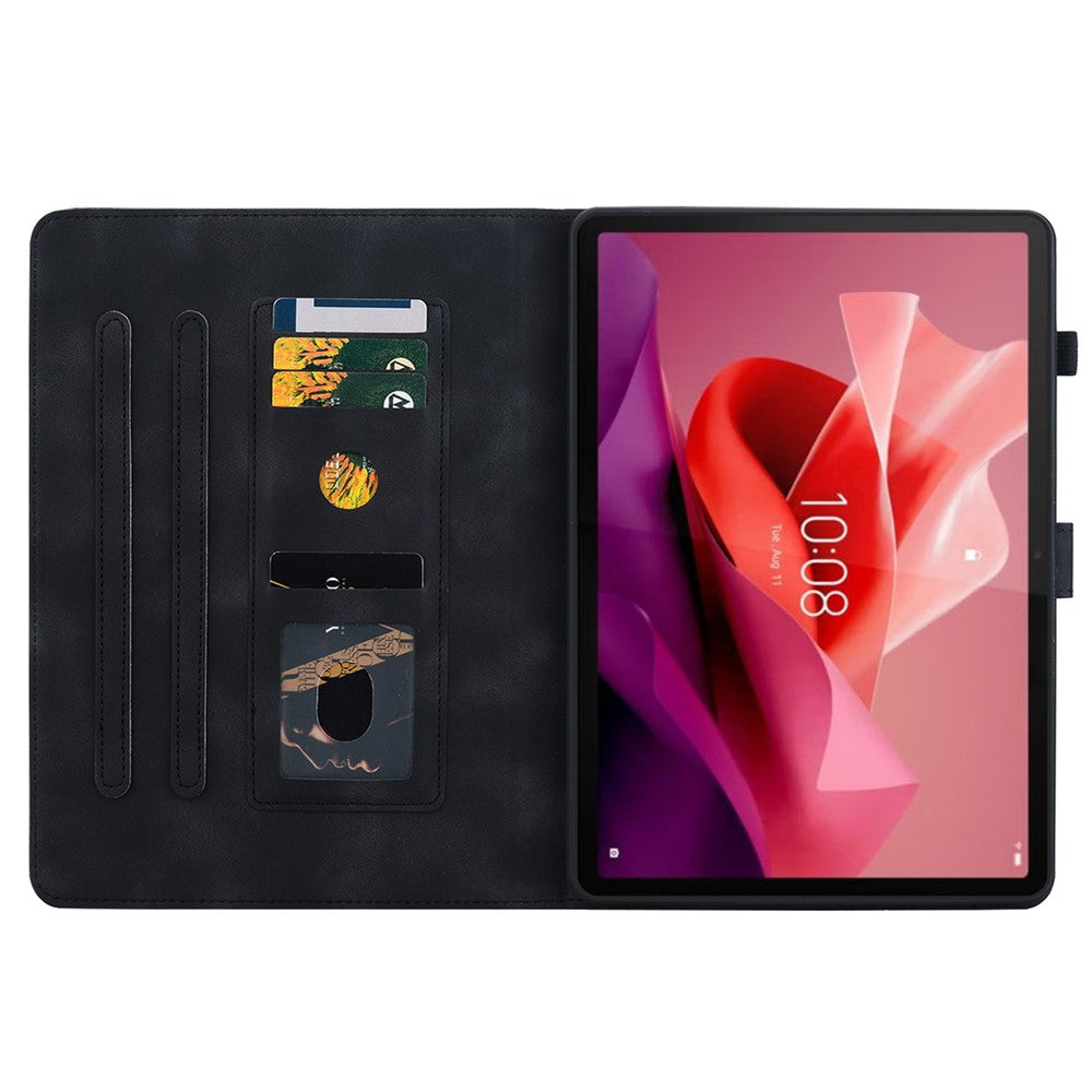 For Lenovo Tab P12 Case Lily Flower Leather Tablet Cover with Card Slots Stand - Black