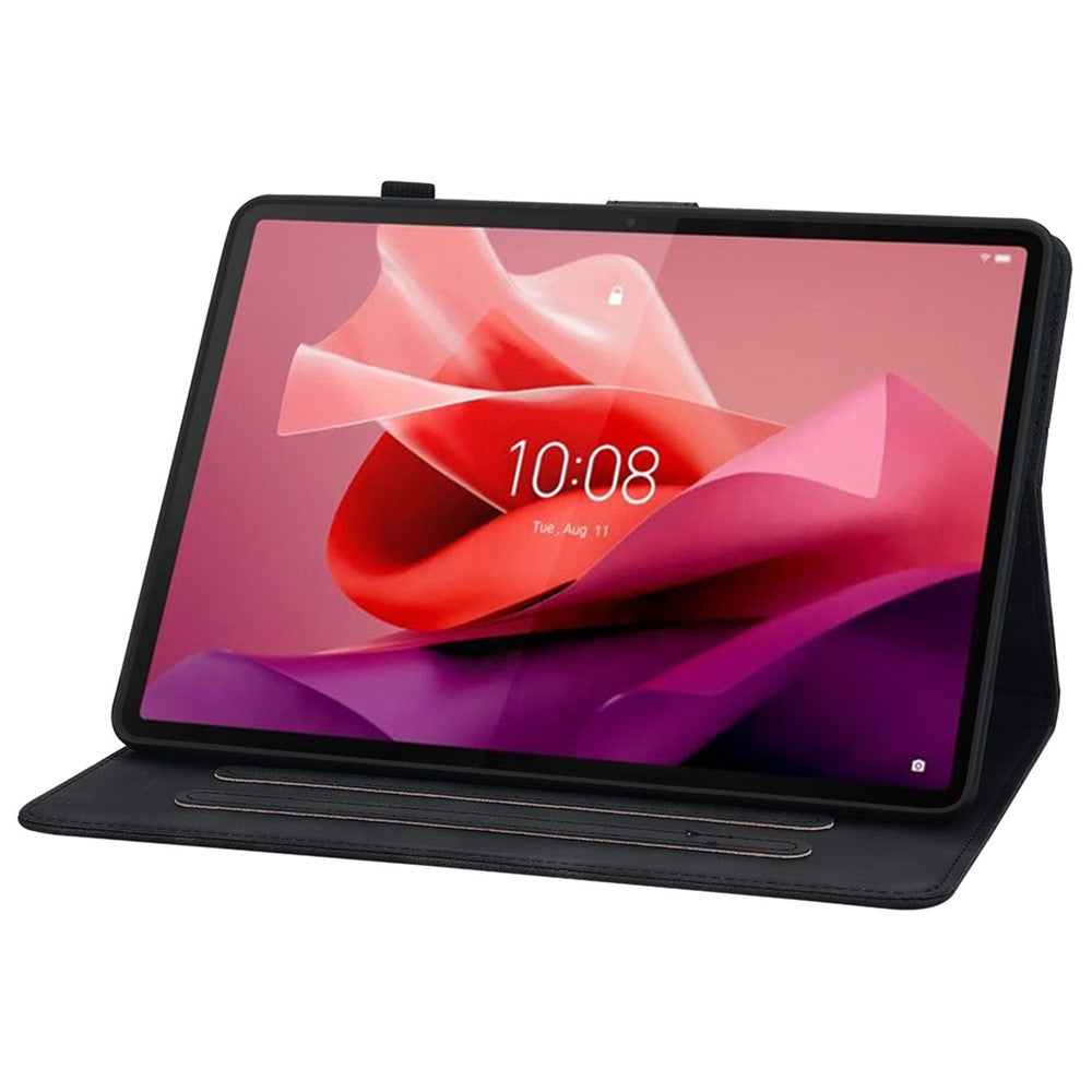 For Lenovo Tab P12 Case Lily Flower Leather Tablet Cover with Card Slots Stand - Black