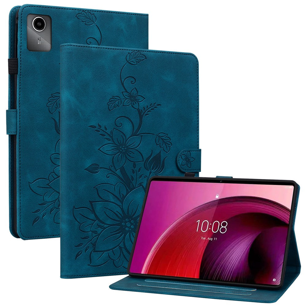 For Lenovo Tab M11 / Xiaoxin Pad 11 2024 Case Card Slots Leather Tablet Cover Lily Flower  - Blue