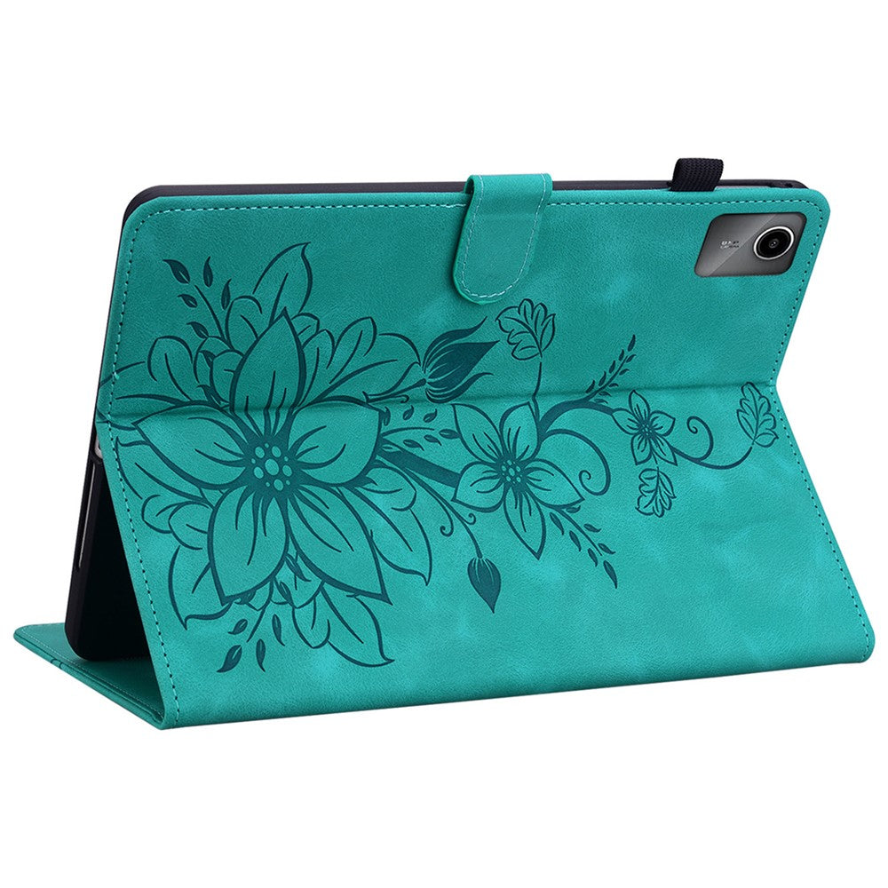 For Lenovo Tab M11 / Xiaoxin Pad 11 2024 Case Card Slots Leather Tablet Cover Lily Flower  - Green