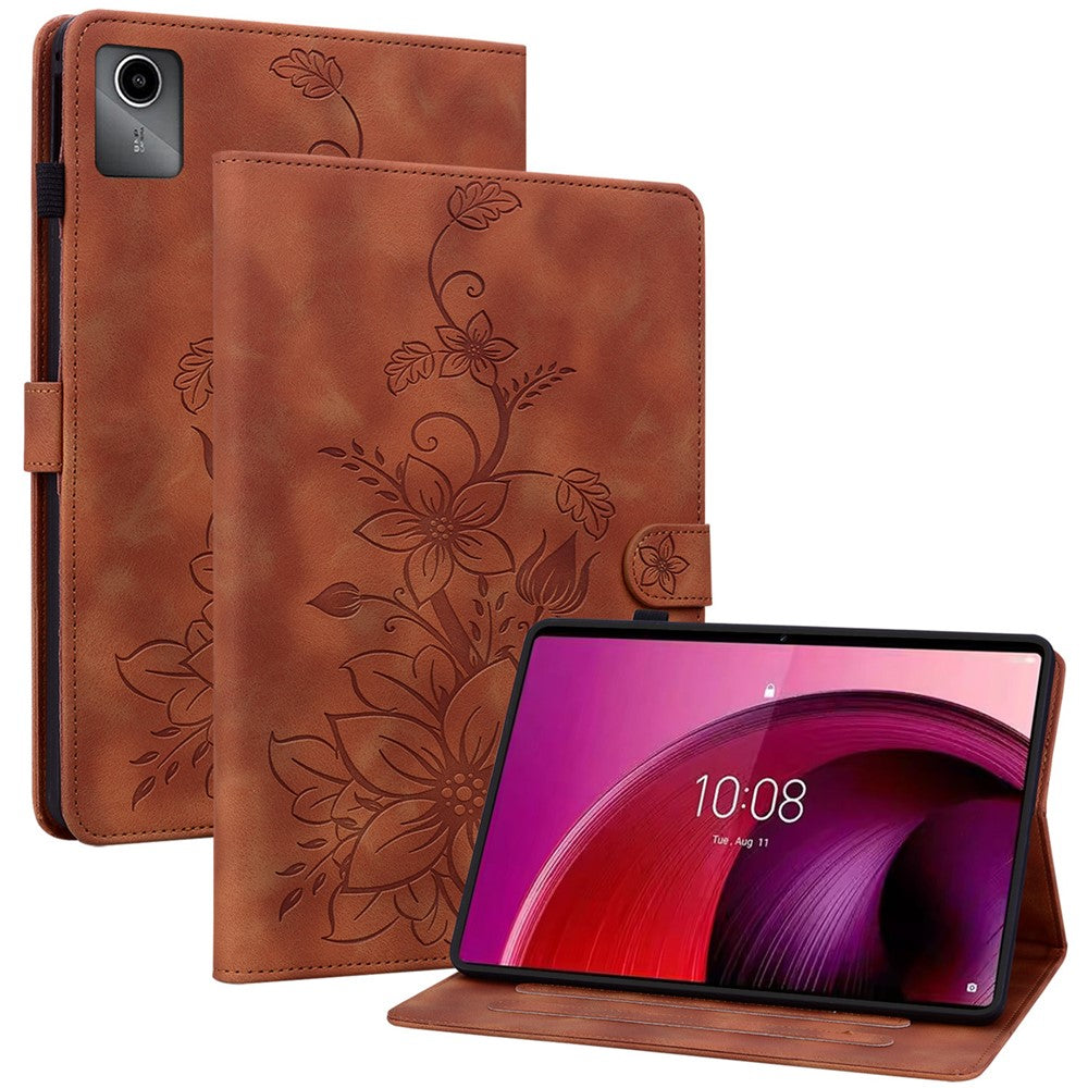 For Lenovo Tab M11 / Xiaoxin Pad 11 2024 Case Card Slots Leather Tablet Cover Lily Flower  - Brown