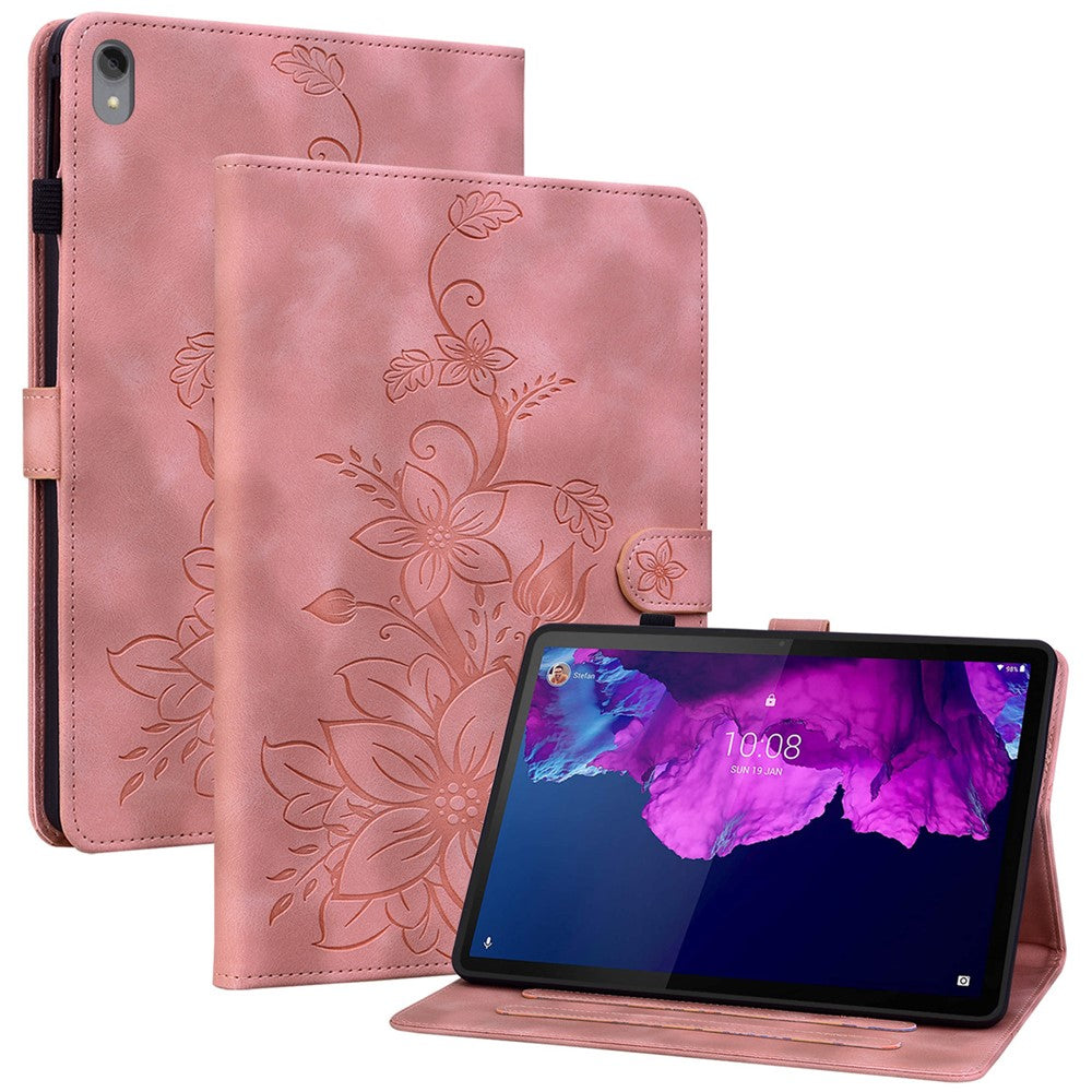 For Lenovo Tab P11 TB-J606F Leather Case Card Slots Lily Flower Pattern Tablet Cover - Pink