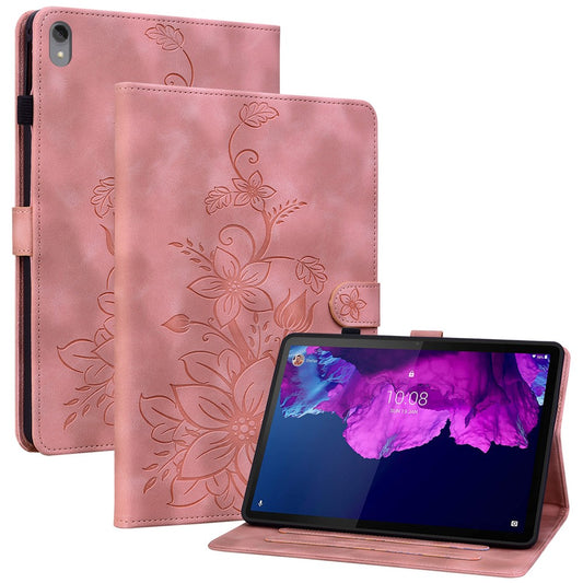 For Lenovo Tab P11 TB-J606F Leather Case Card Slots Lily Flower Pattern Tablet Cover - Pink