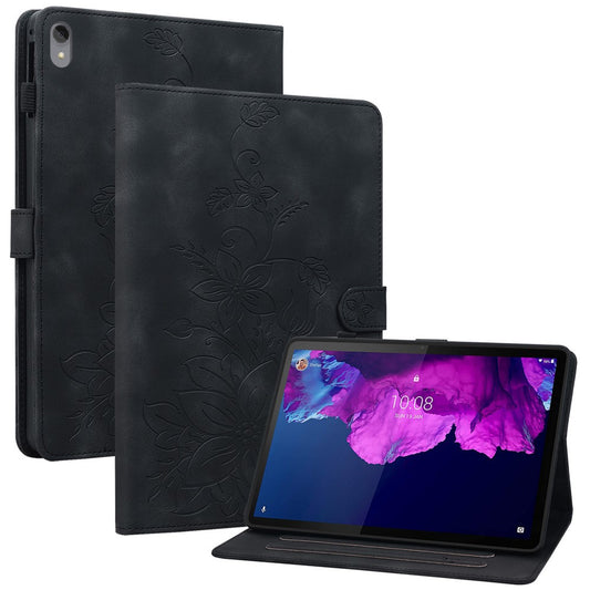 For Lenovo Tab P11 TB-J606F Leather Case Card Slots Lily Flower Pattern Tablet Cover - Black